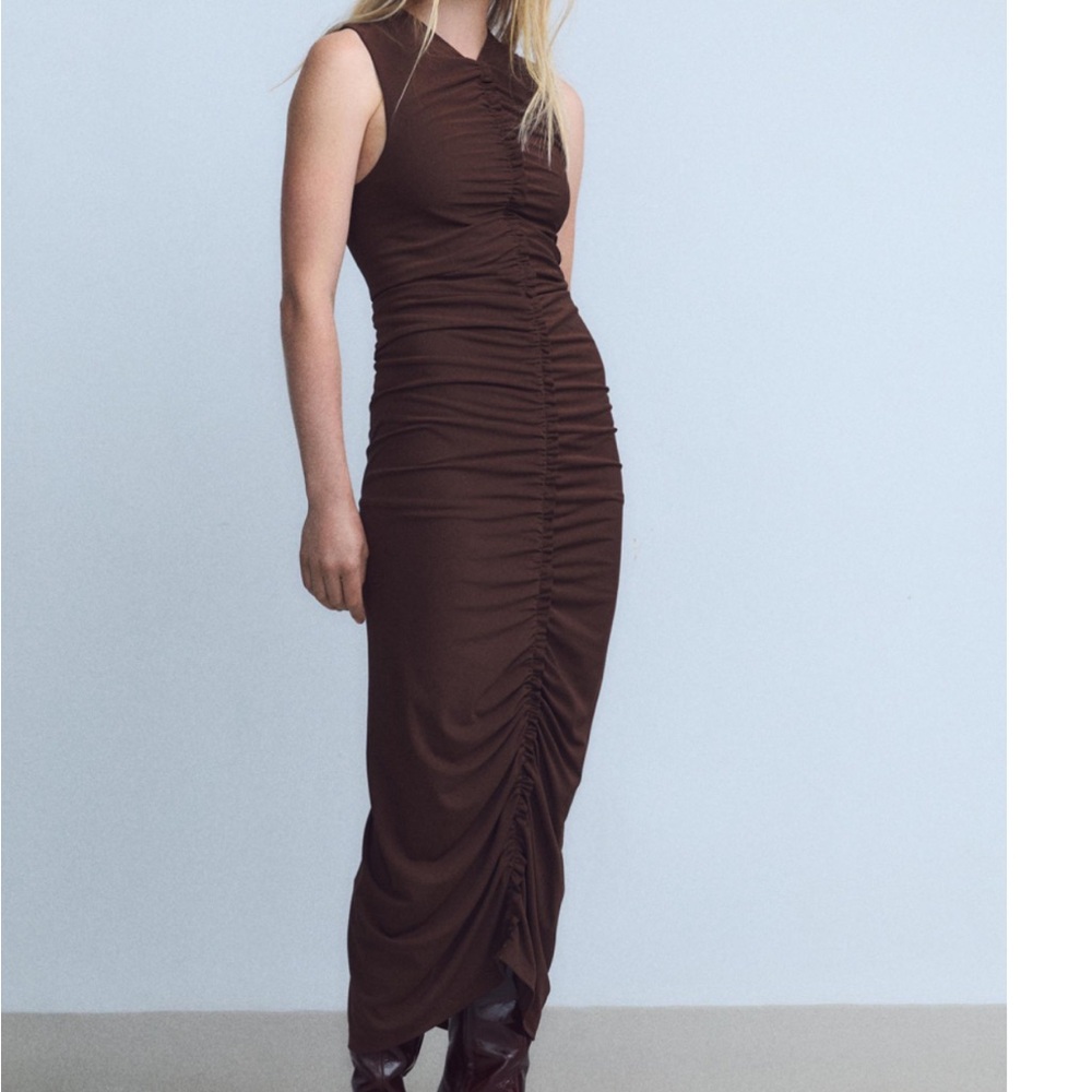 Zara Brown Ruched Maxi Dress